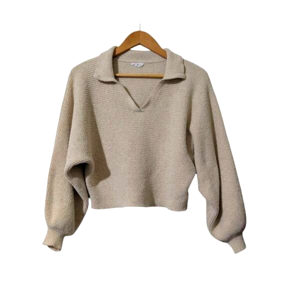 Storia Cropped Knit Ribbed Collared Sweater Cream Size Medium S